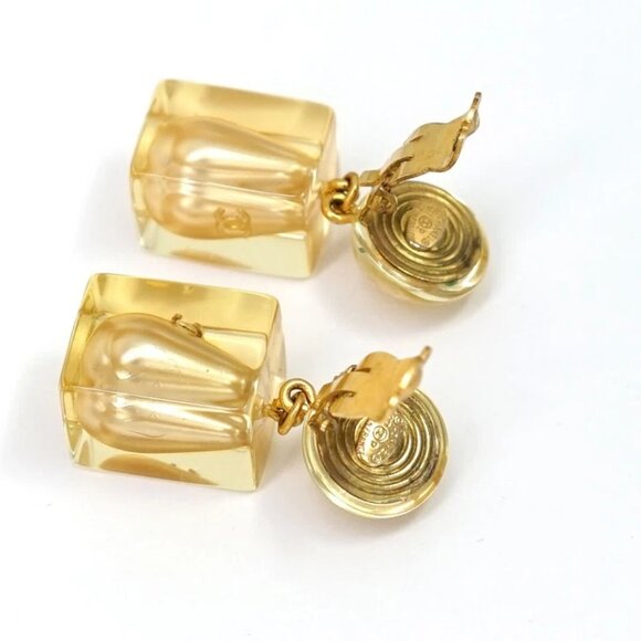 CHANEL CC Logos Pearl Lucite Cube Dangle Earrings Gold Tone 97P Auth w/Box - Picture 3 of 6
